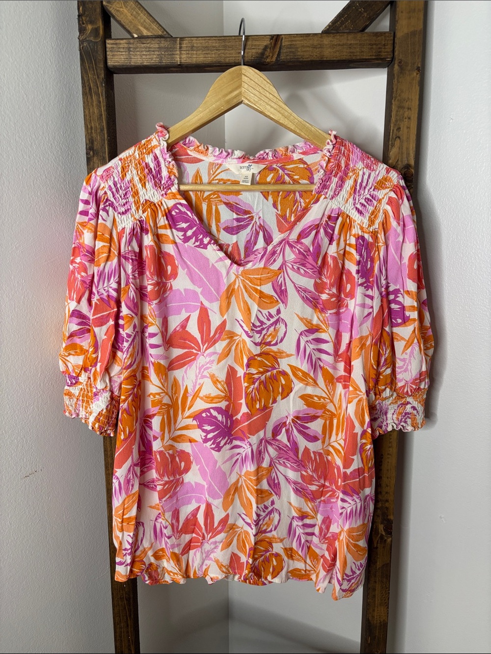 Terra & Sky Pink and Orange Tropical Print Blouse Size 0X